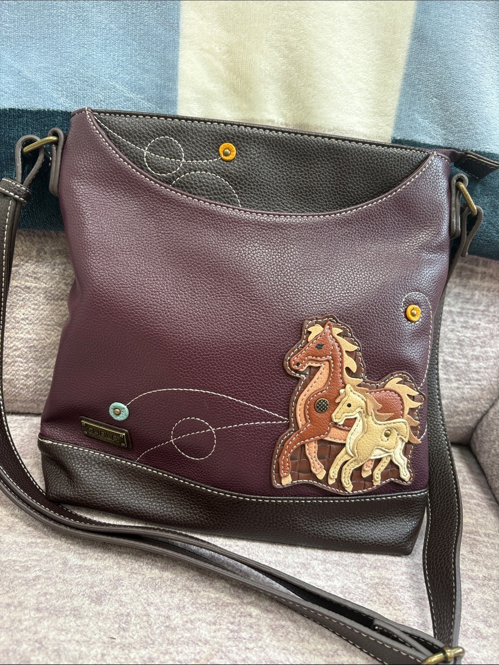 Chala horse 🐎 Brown Tote with Light Blue Polka Dot Lining